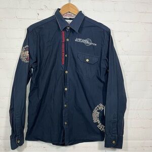 CAMP DAVID Wildlife Expedition Shirt Mens Large Blue Embroidered Button Up